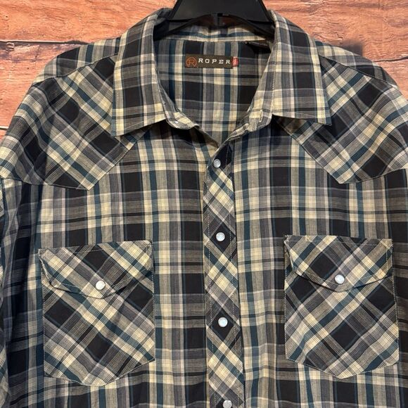 Roper Men's 2XL Black Blue Plaid Western Shirt Pearl Snap Button Long Sleeve - Picture 2 of 5
